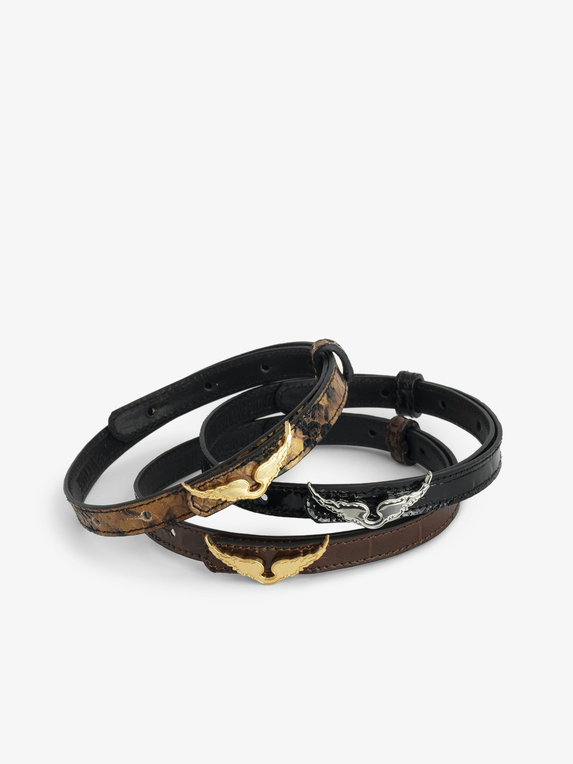 Rock Bracelet 100% Leather - Brown crocodile-embossed leather bracelet with golden wing buckle.